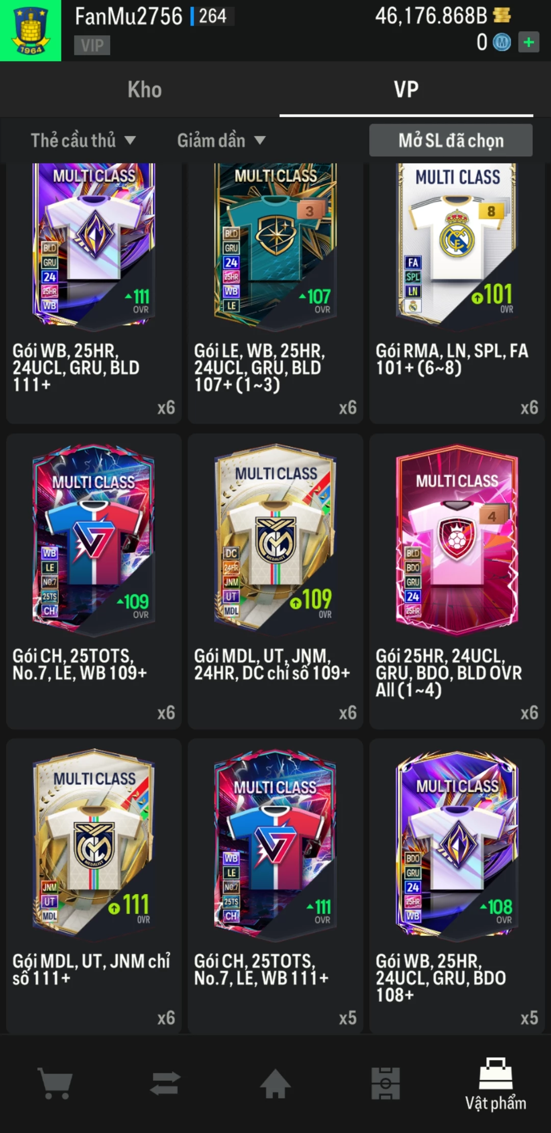 Ảnh ACC mở thẻ (LOẠI SVIP PROMAX) bao gồm có thẻ +12, thẻ Prime (có QH, CP, XS) và 1500+ đến 2000+ thẻ cầu thủ từ Siêu sao đến Miền núi các loại khác. Có sẵn BP trắng trong acc từ 40.000 tỷ BP đến 46.000 tỷ BP kèm theo nhiều ngày SVIP